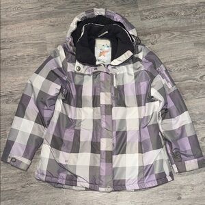 Stylish Plaid Ski Jacket in Purple and Gray